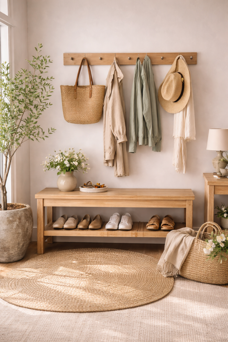 Minimalist entryway with wall hooks holding coats, a hat, and a woven bag above a wooden bench with neatly arranged shoes.