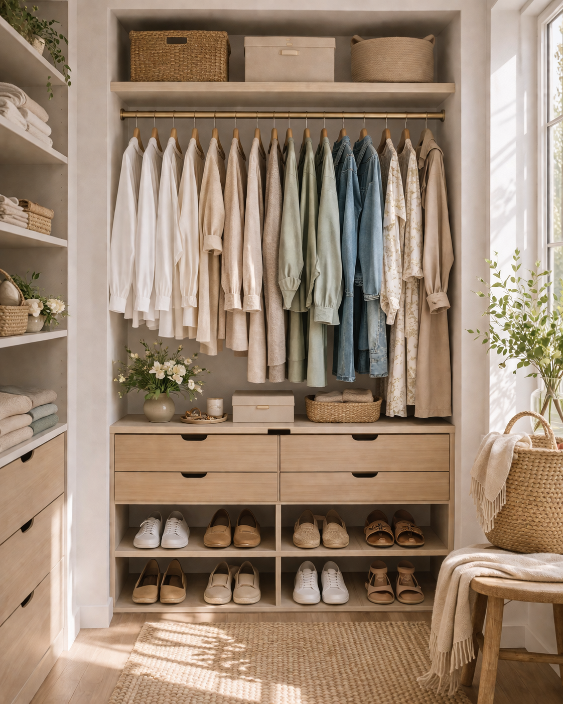 Refined closet decluttering with soft neutral wardrobe and minimal styling
