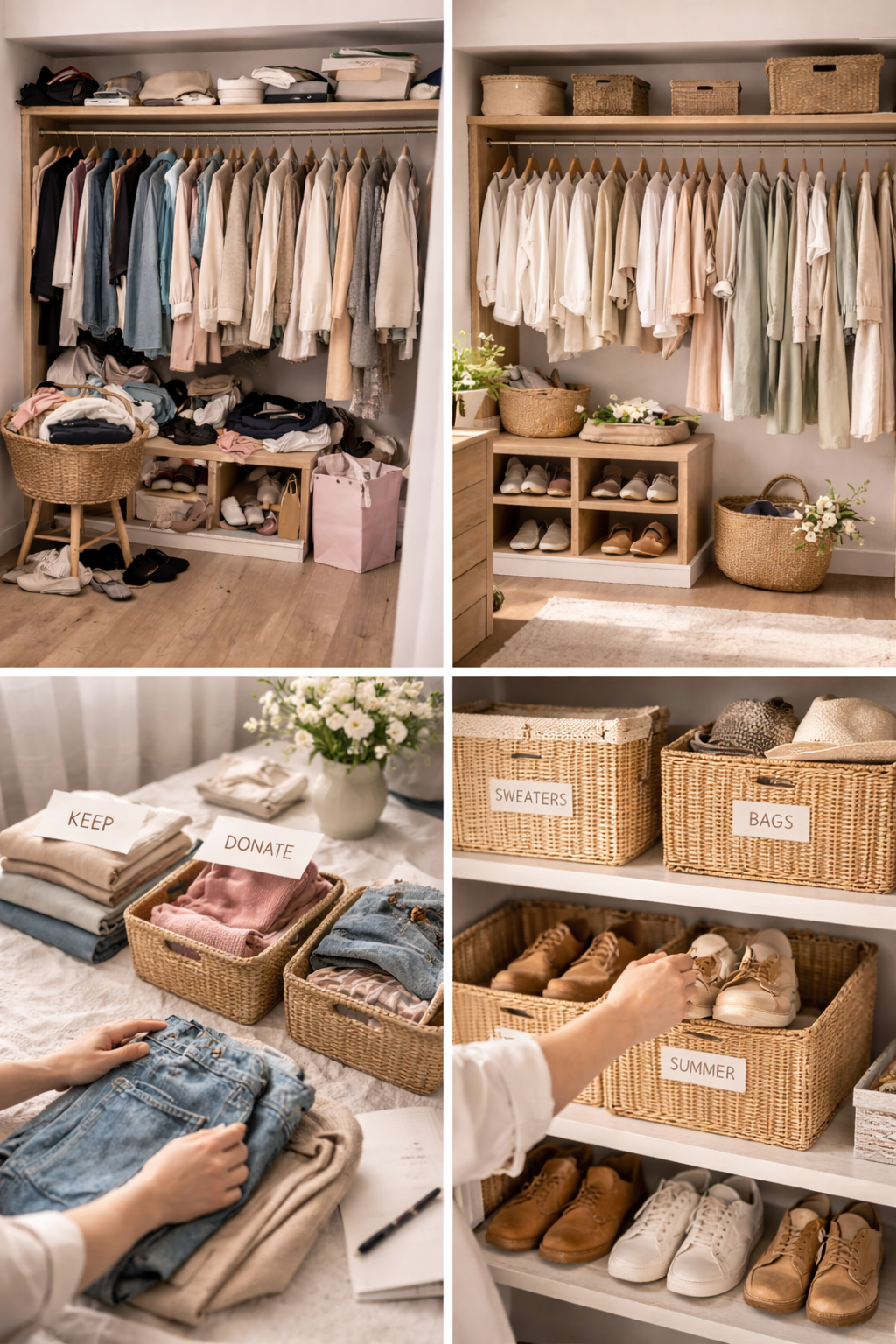 Spring closet declutter process with refined organization and neutral styling
