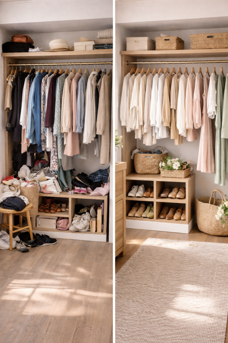 Side-by-side comparison of a cluttered closet and a neatly organized closet with folded clothes, baskets, and shoes arranged on shelves.