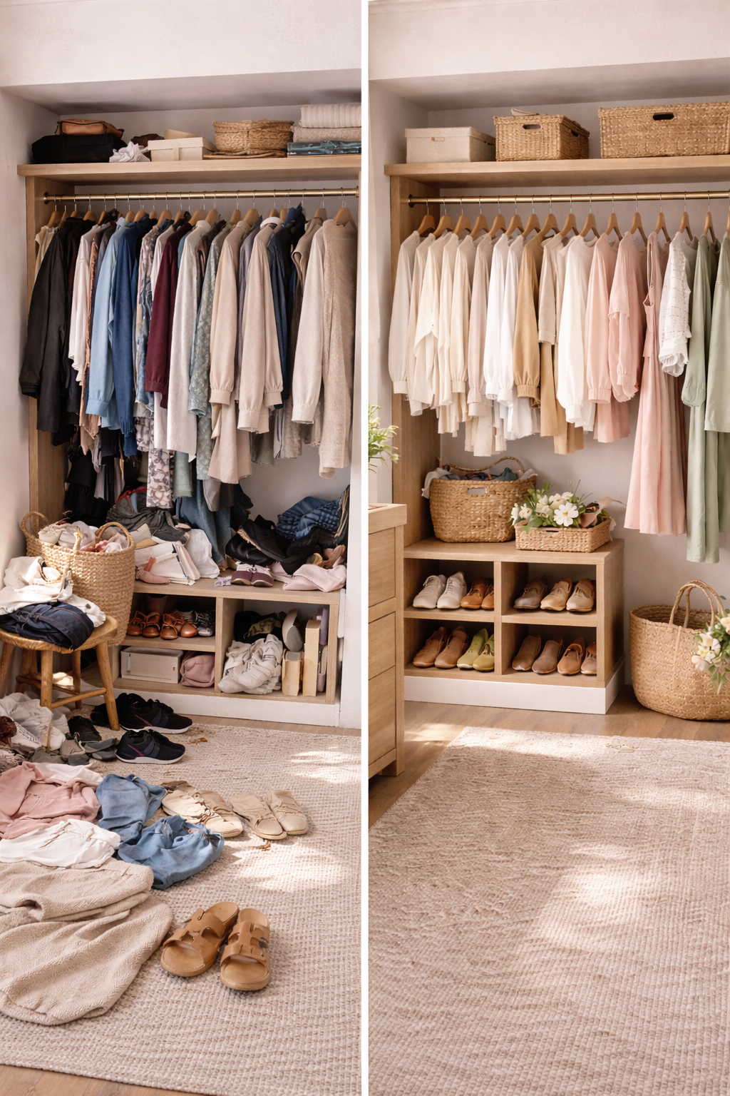 Refined spring closet transformation with soft neutral organization
