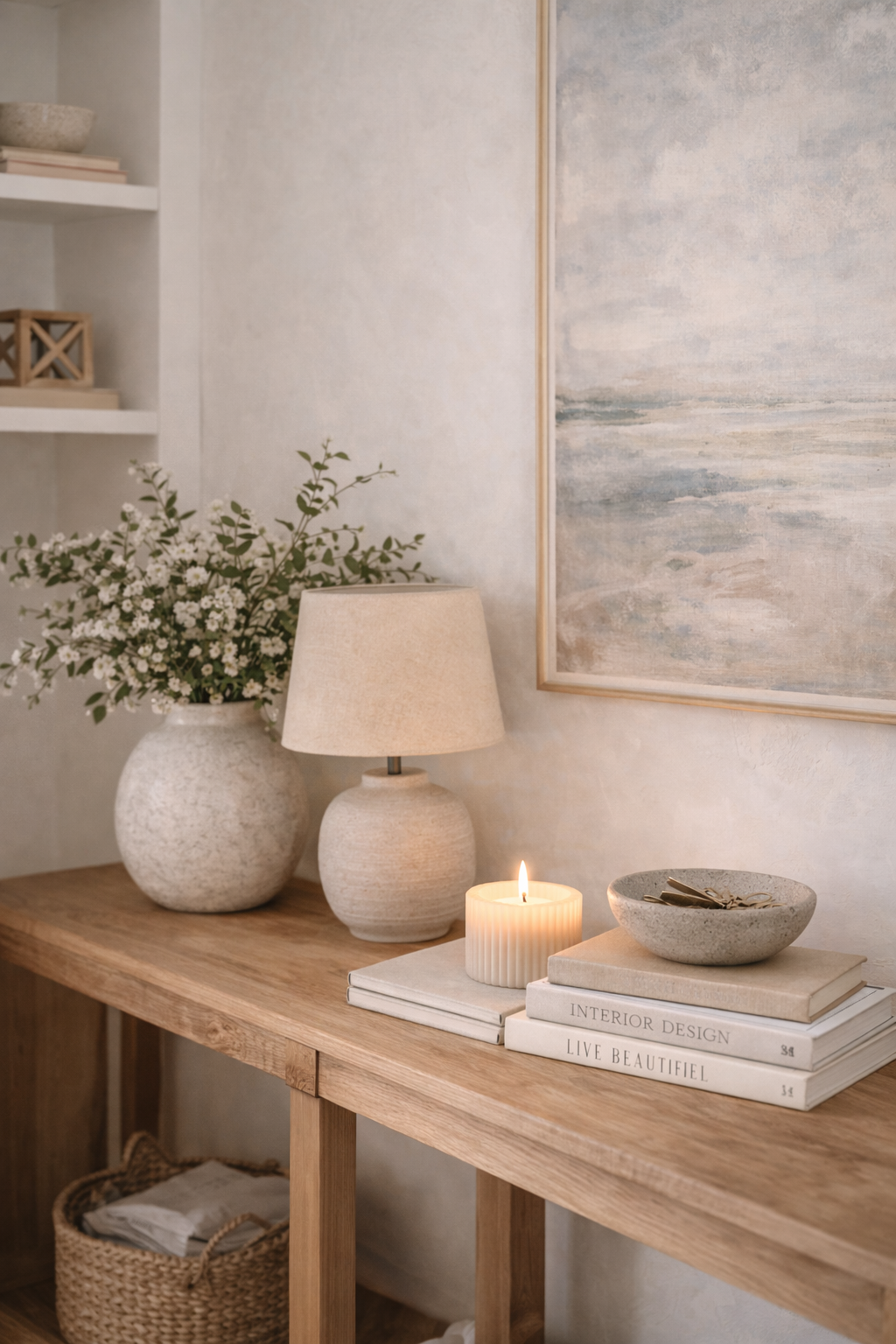 Edited console table styling in an organic modern home