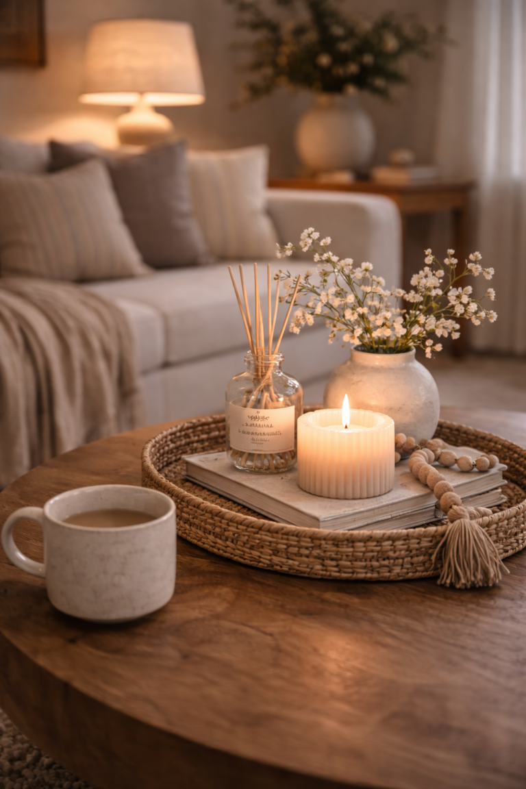 Organic modern living room coffee table with lit candle, reed diffuser, neutral decor tray, and cozy ambient lighting