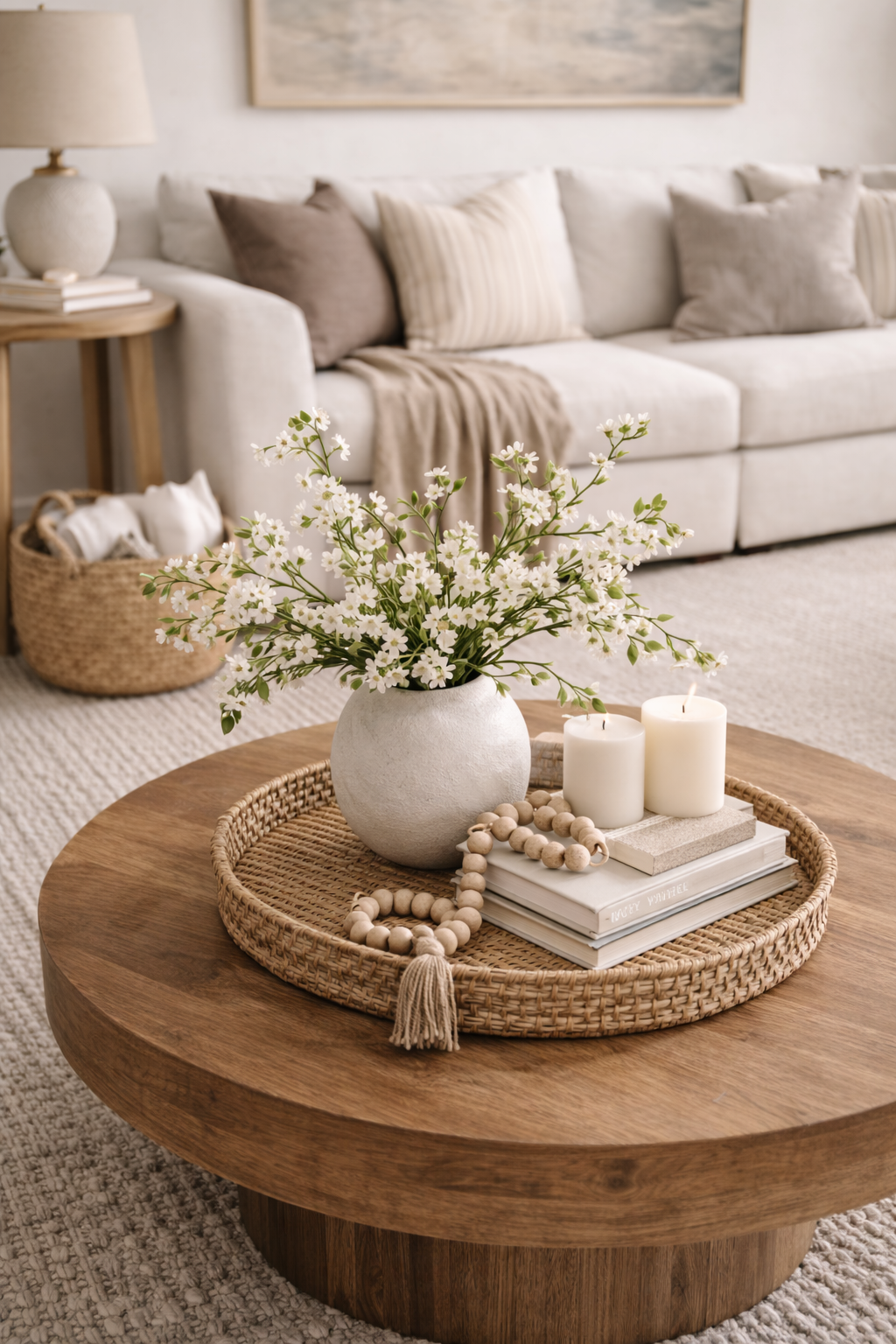 Organic modern coffee table styling for a spring living room reset
