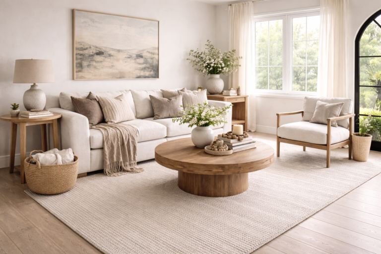 Bright organic modern living room with neutral sofa, round wood coffee table, layered textures, natural light, and soft decor accents