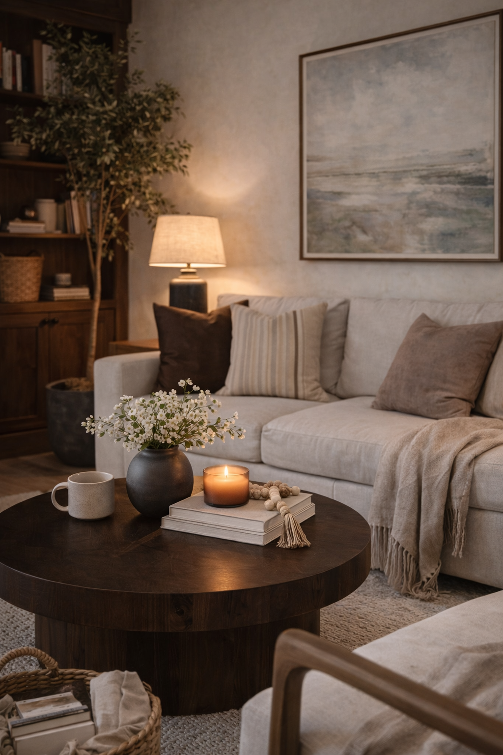 Luxury organic modern living room with dark accents and elevated spring styling