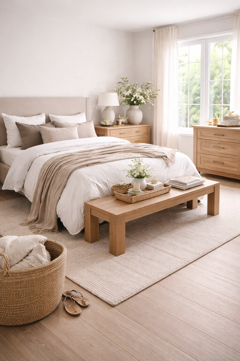 Neutral bedroom reset showing calm no-overwhelm decluttering style