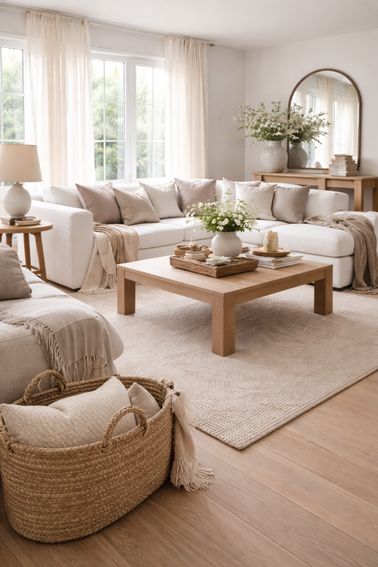 Minimal organic modern living room with neutral tones, beige sectional sofa, wood coffee table, soft textiles, and natural light