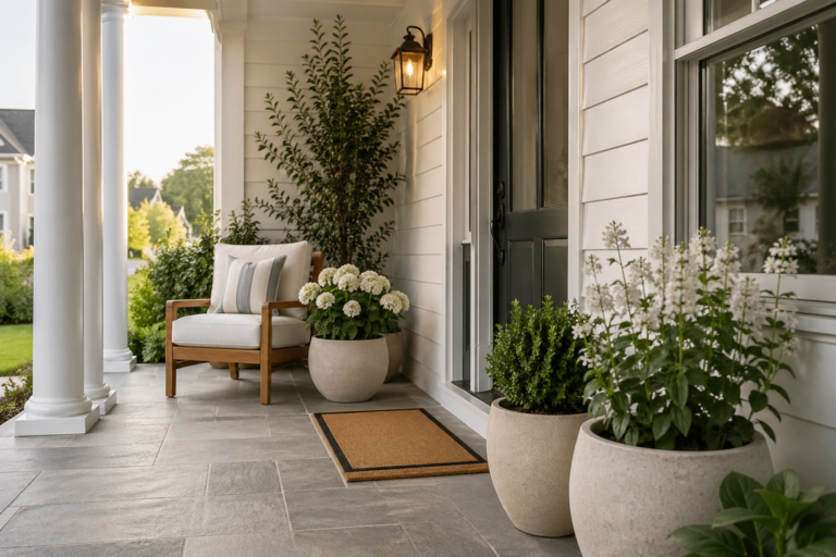 organic modern front porch with neutral seating, potted greenery, white flowers, and a clean minimalist entry design