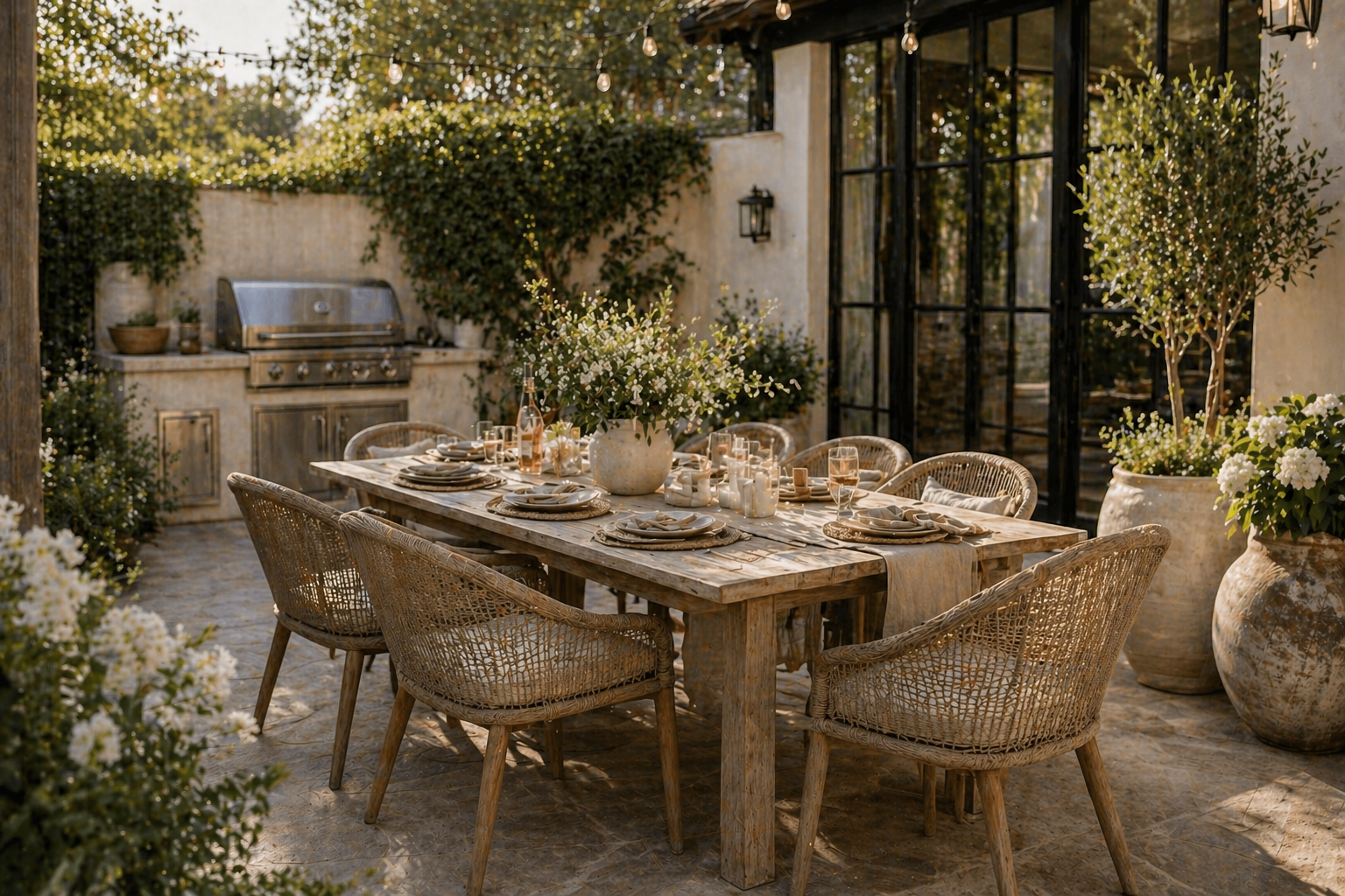 Organic modern outdoor dining space with warm wood table, neutral summer styling, soft greenery, and elevated hosting atmosphere