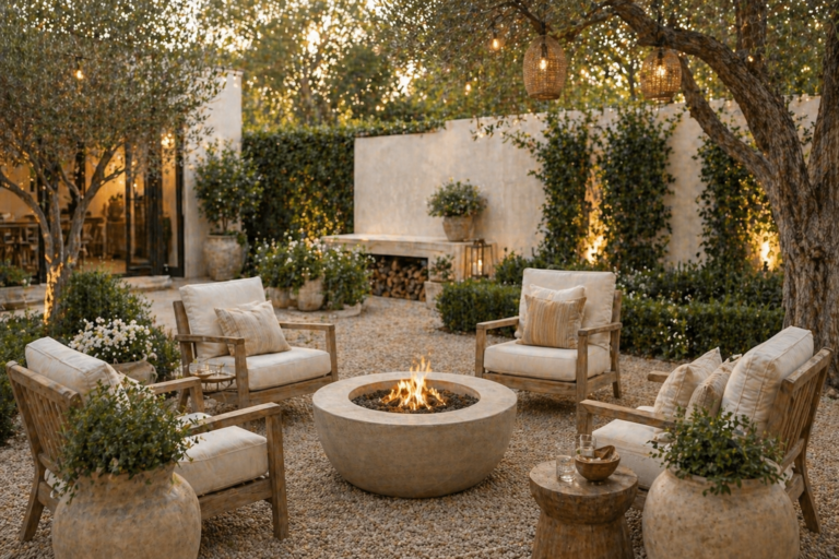 organic modern backyard seating area with fire pit, neutral lounge chairs, string lights, and cozy evening ambiance