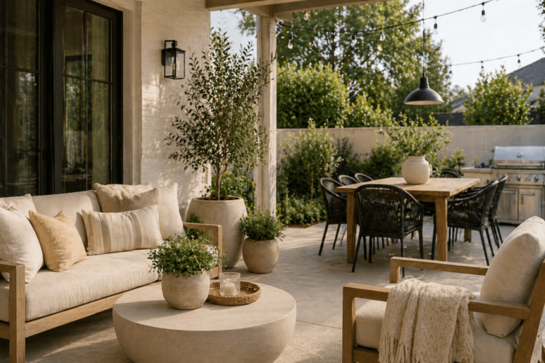 organic modern patio with neutral outdoor seating, dining table, greenery, and string lights in a relaxed backyard setting