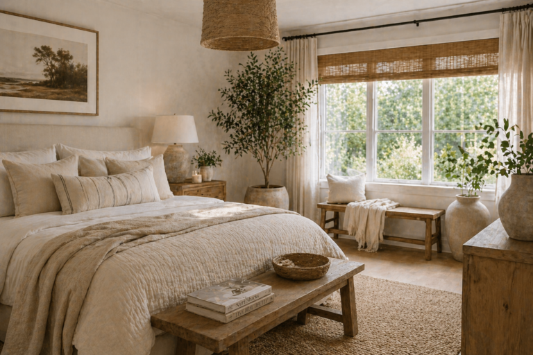 organic modern bedroom with neutral linen bedding, wood furniture, woven textures, and soft natural light