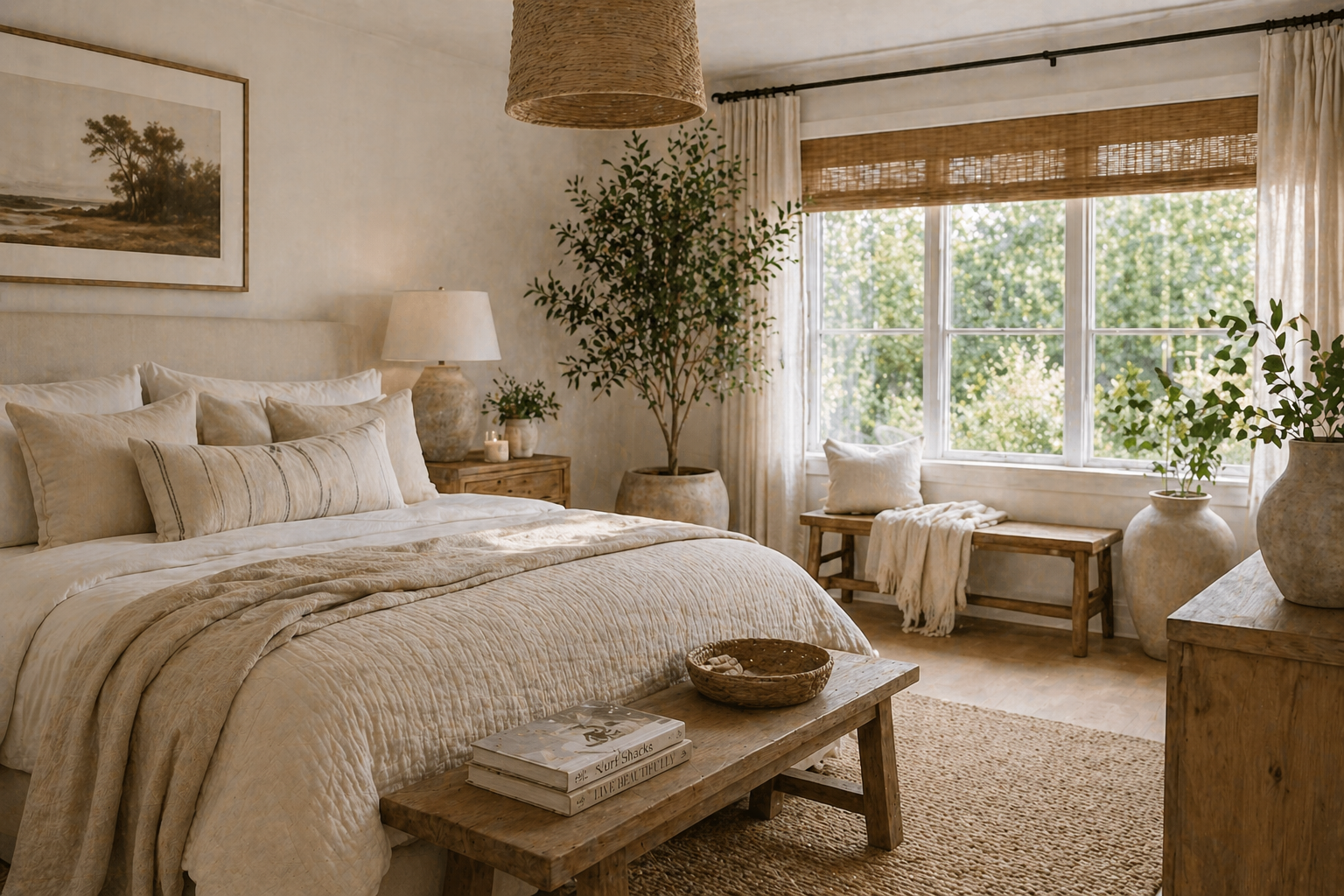 Calm organic modern summer bedroom with neutral bedding, soft natural textures, warm wood accents, and high-end serene styling