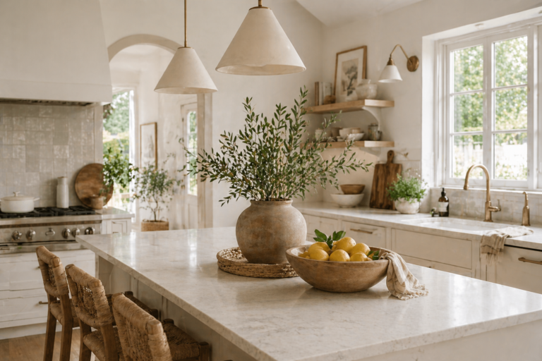 organic modern kitchen with marble island, woven bar stools, neutral tones, open shelving, and fresh natural light