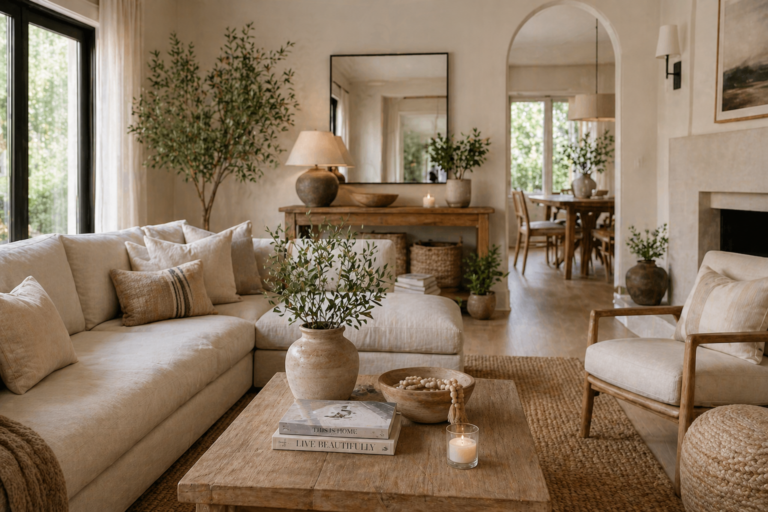 organic modern living room with neutral sofa, wood coffee table, natural textures, and open dining area in a light airy home