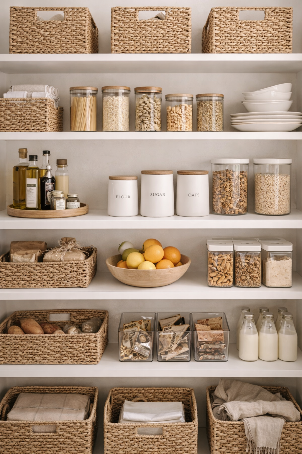 Organized pantry and neutral storage as part of a calm spring home reset