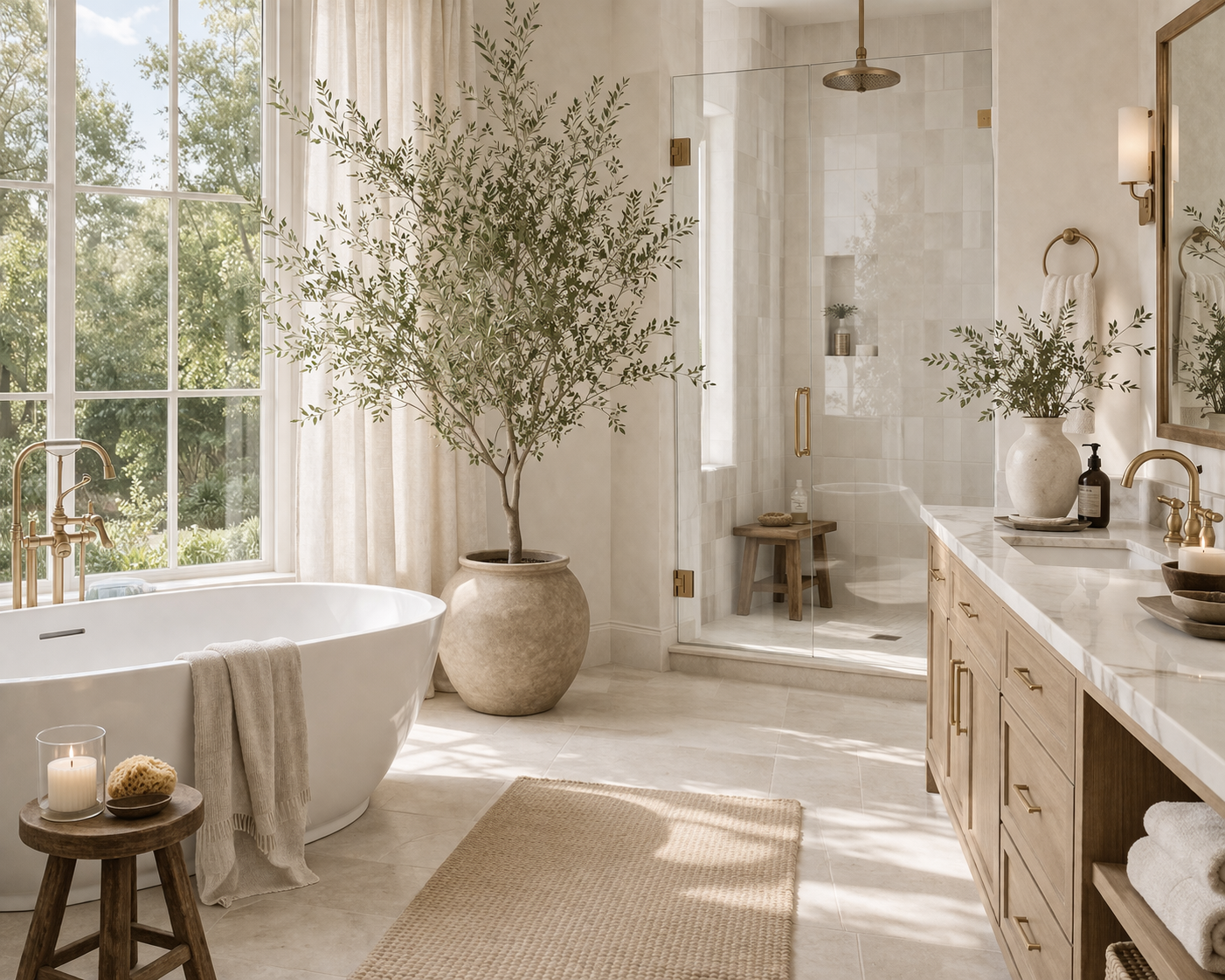 quiet luxury bathroom with warm neutral tones, spa-like styling, layered towels, soft light, and elevated minimal details
