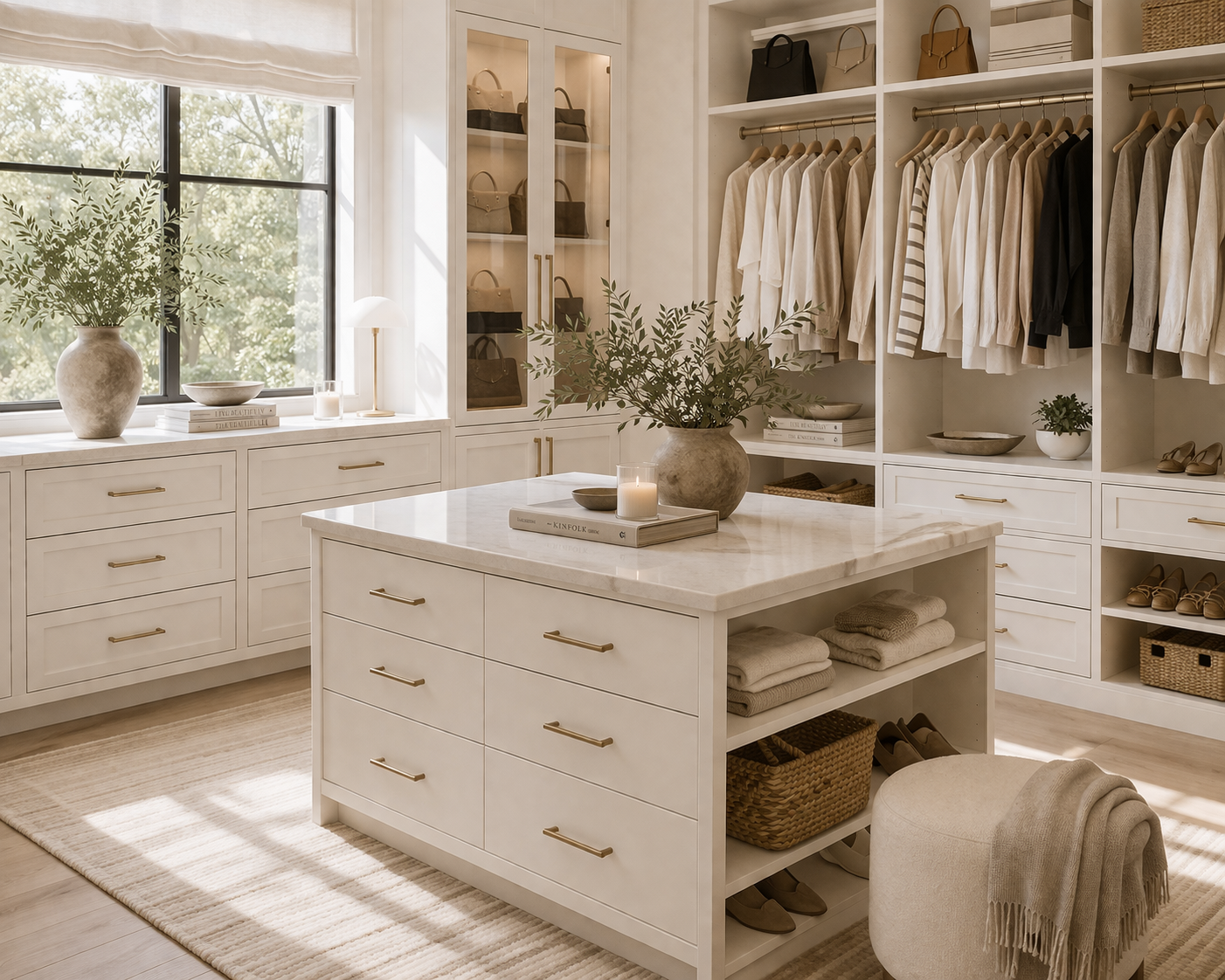 quiet luxury closet with warm neutral tones, calm organization, elevated storage, and beautifully edited wardrobe styling