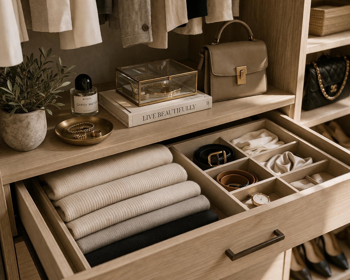 quiet luxury closet styling with edited wardrobe, cohesive storage, warm neutral palette, and calm elevated organization