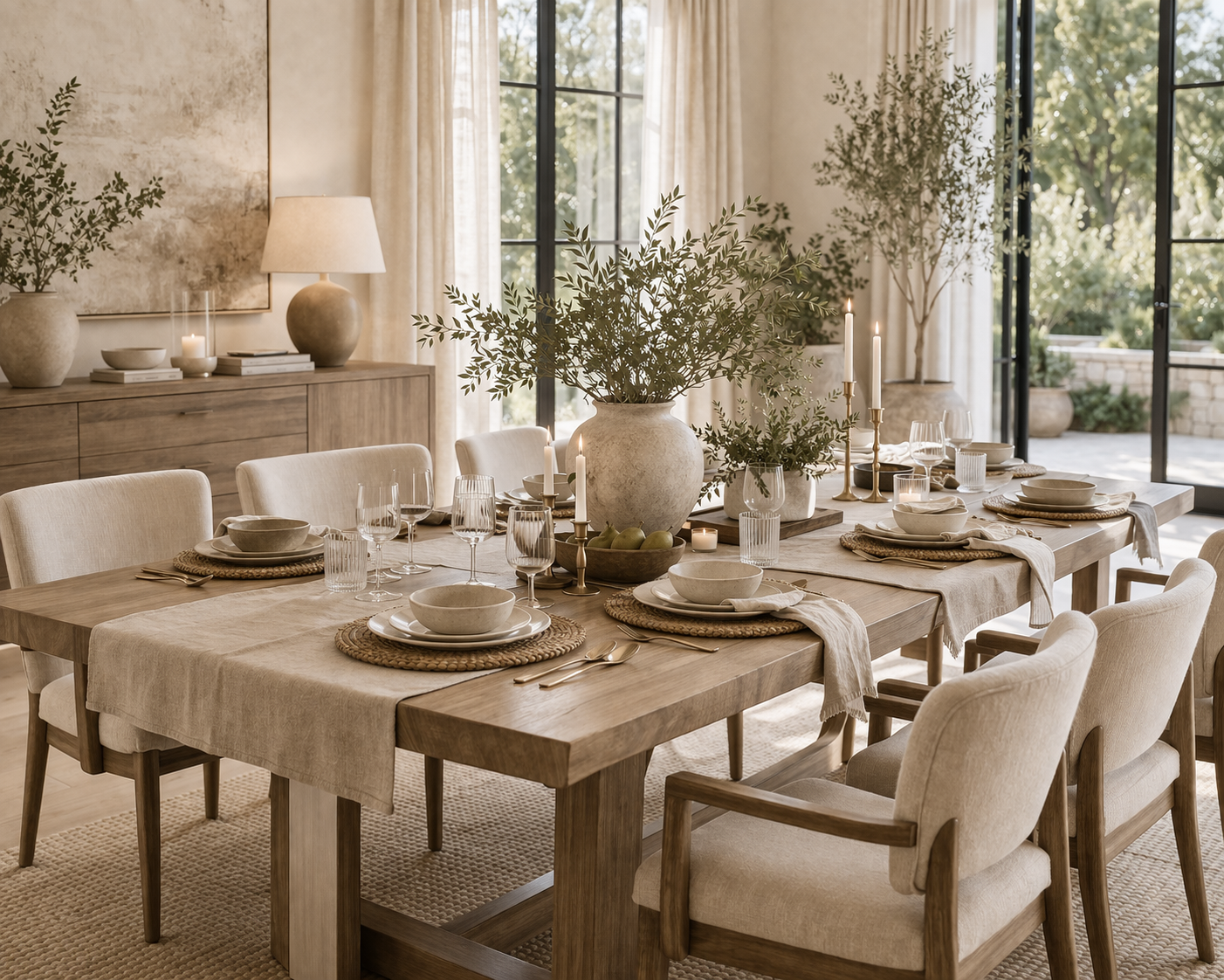 quiet luxury dining room with warm neutral palette, refined table styling, soft lighting, and effortless hosting atmosphere