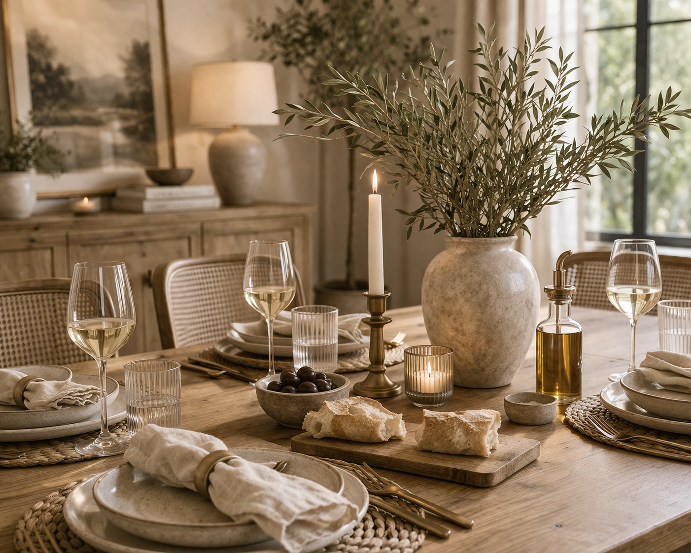 quiet luxury dining room styling with warm layered table decor, elegant centerpiece, and soft inviting light