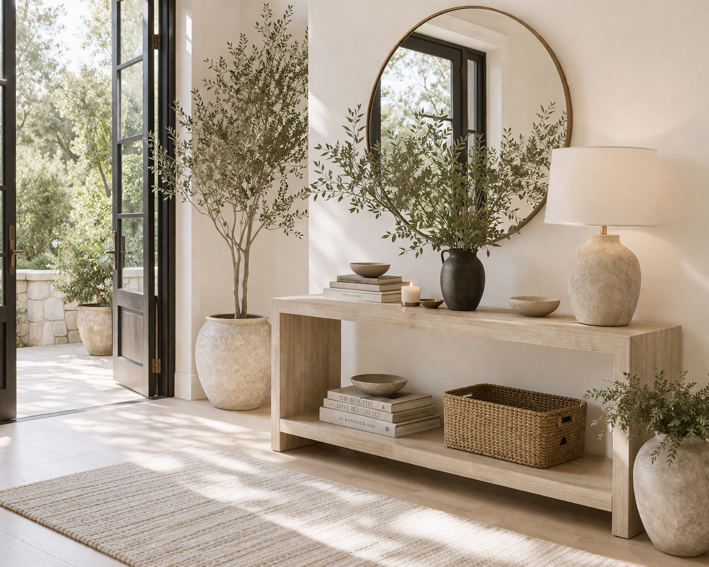 quiet luxury entryway with warm neutrals, natural textures, elegant styling, and a beautiful welcoming first impression