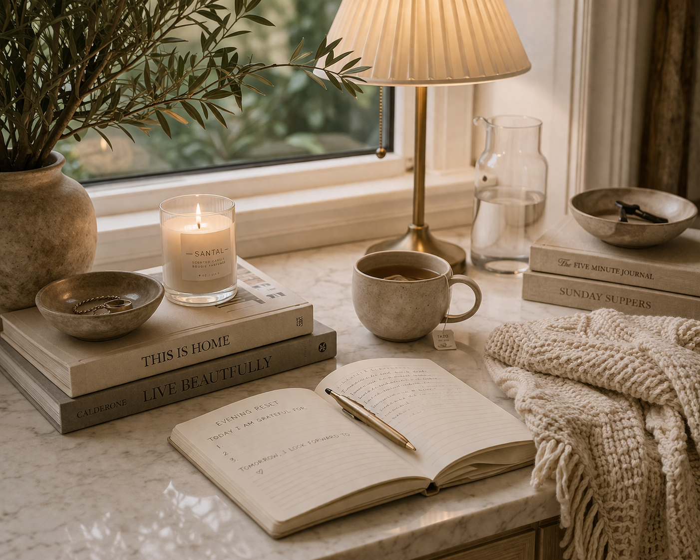 quiet luxury evening reset styling with warm candlelight, tidy surfaces, soft books, and a calming nighttime home ritual