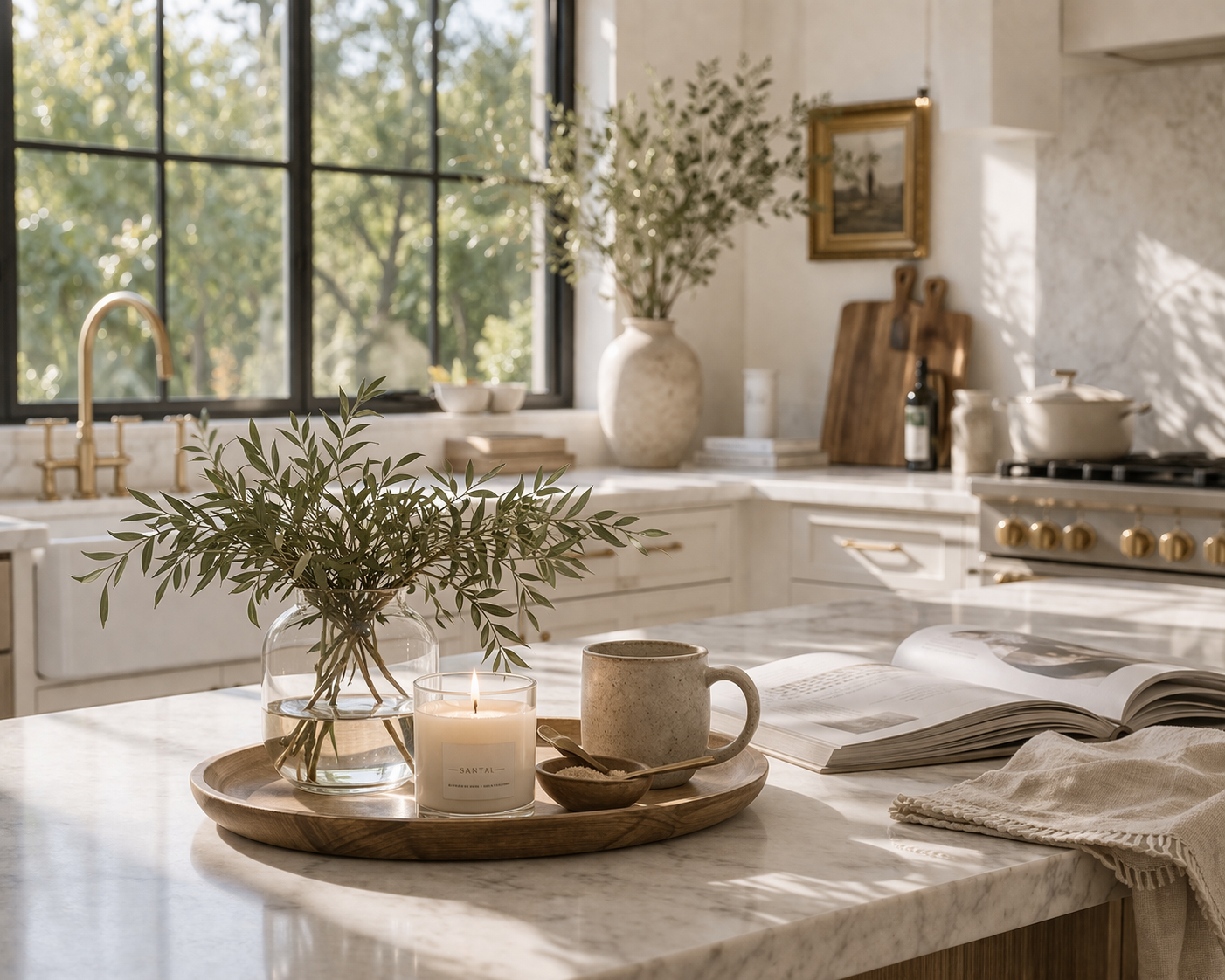 Quiet luxury neutral home styling with layered texture, organic materials, and calm designer details