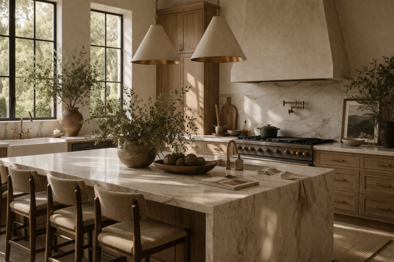 Quiet luxury kitchen with marble island, wood cabinetry, brass accents, and organic modern styling