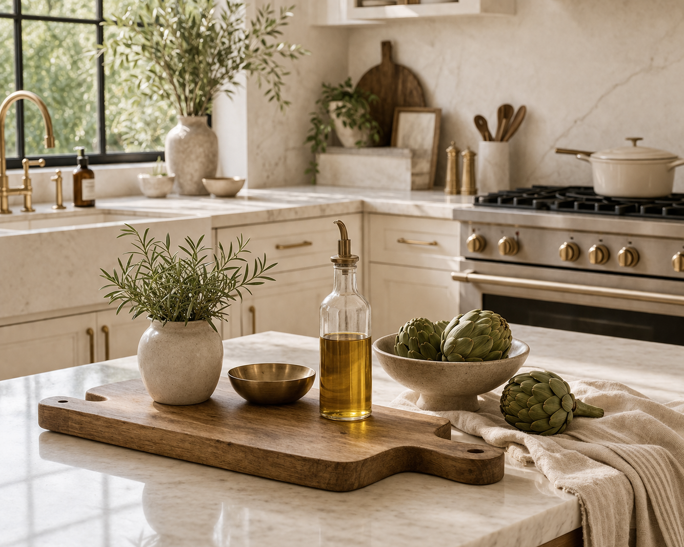 quiet luxury kitchen styling with warm wood tray, ceramic vase, olive stems, and edited countertops
