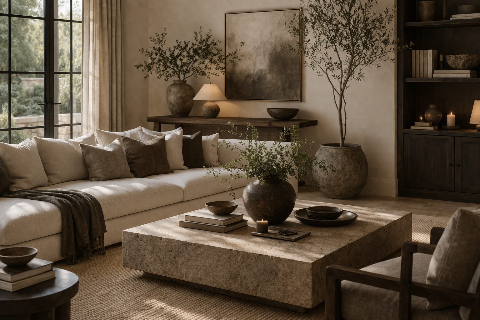 quiet luxury living room with warm neutral tones, layered textures, soft upholstery, olive tree, and elevated styling