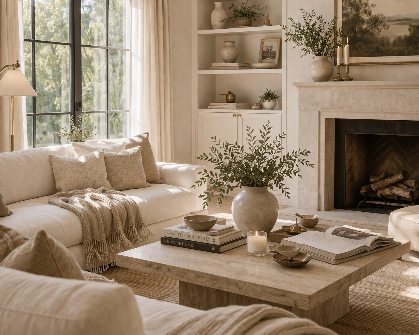 quiet luxury living room styling with layered neutrals, warm wood, edited coffee table, and soft natural textures