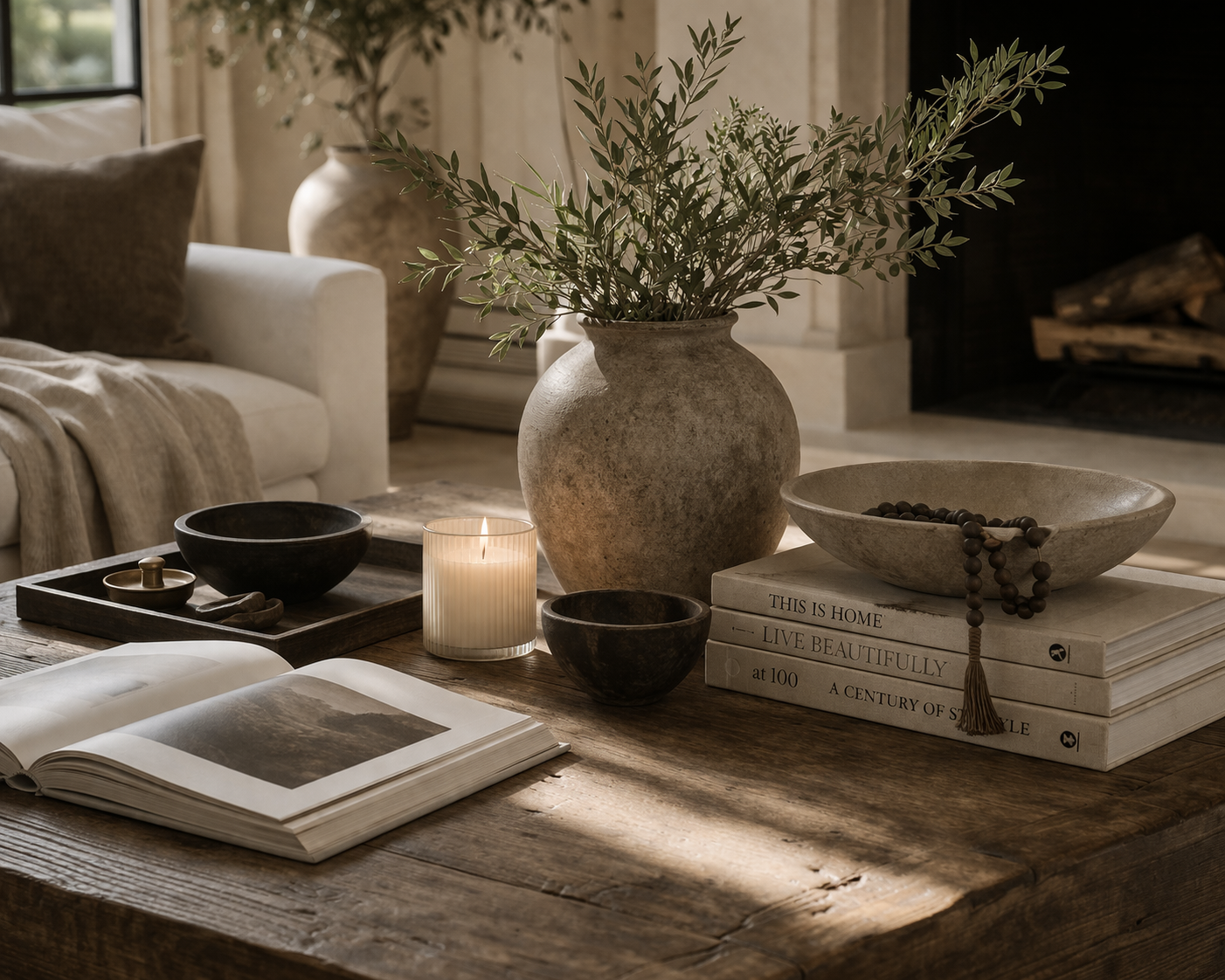 quiet luxury home styling with warm neutrals, layered textures, edited decor, and refined designer details