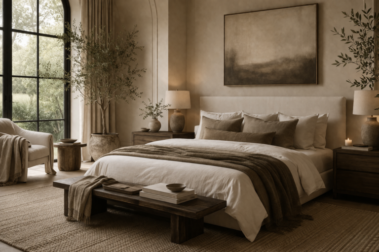 Quiet luxury bedroom with neutral tones, layered bedding, wood accents, and organic modern decor