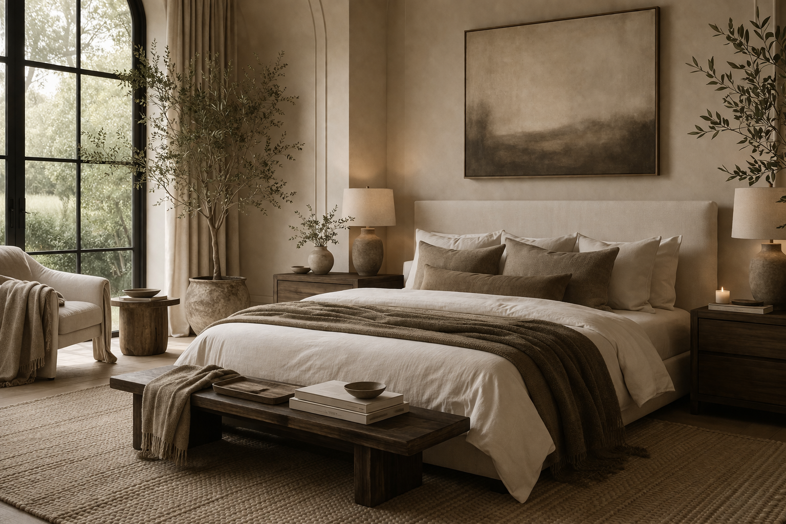 quiet luxury living room with warm neutral palette, olive tree, natural textures, layered soft furnishings, and elevated minimal styling