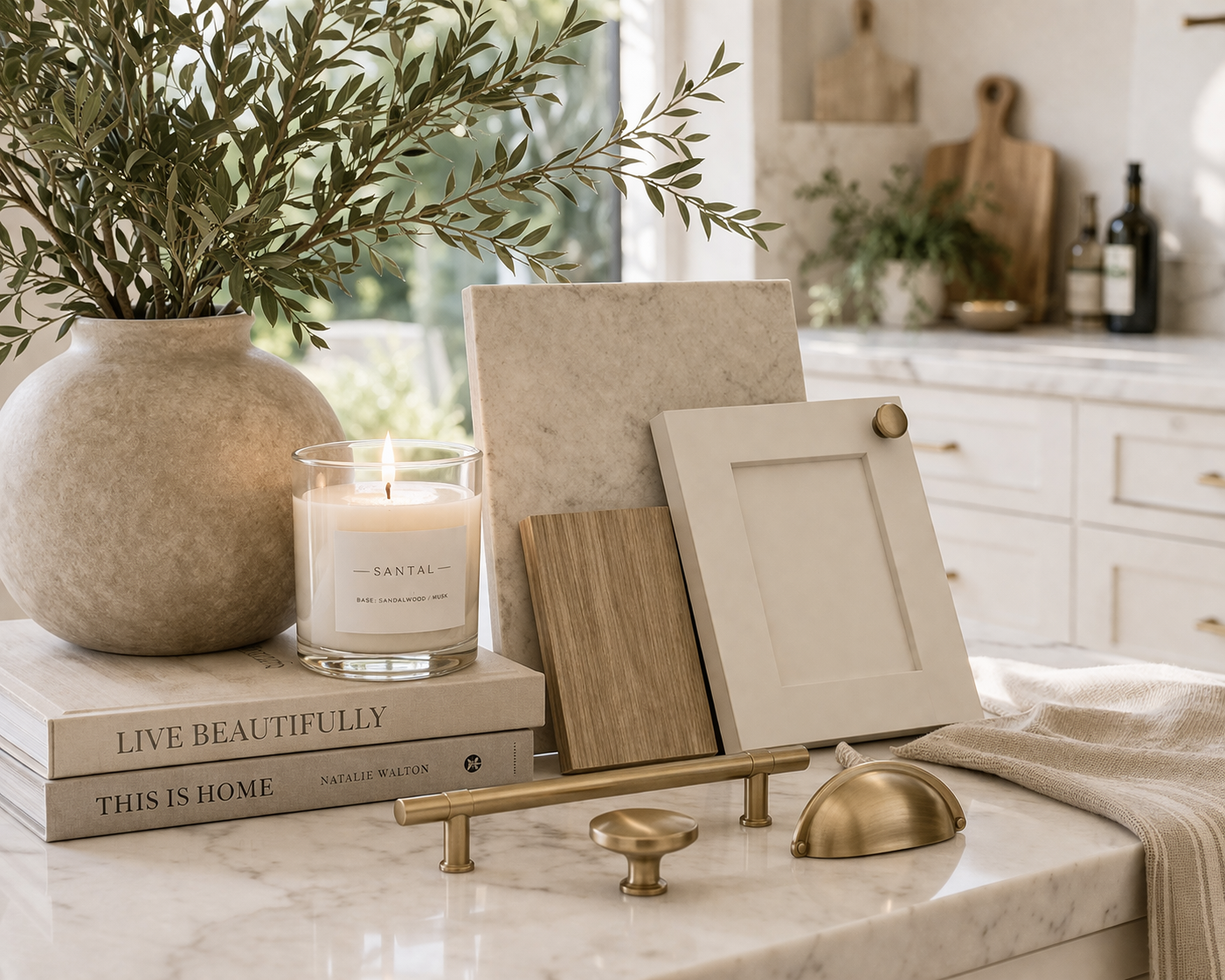 elevated quiet luxury home styling with warm neutral decor, edited surfaces, natural materials, and soft light