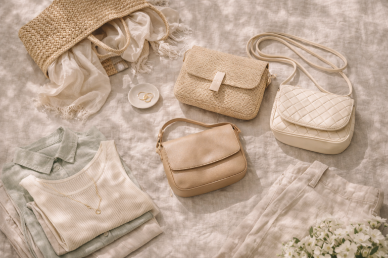 Flat lay of neutral spring bags including woven and leather styles paired with light clothing and accessories.