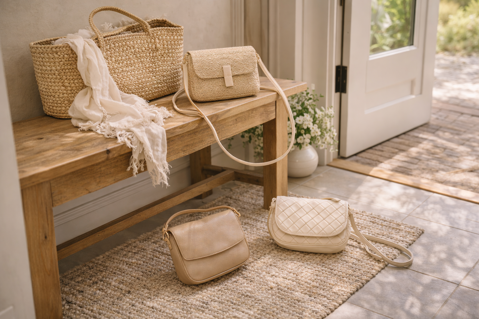 A polished neutral spring bag paired with a light, feminine wardrobe