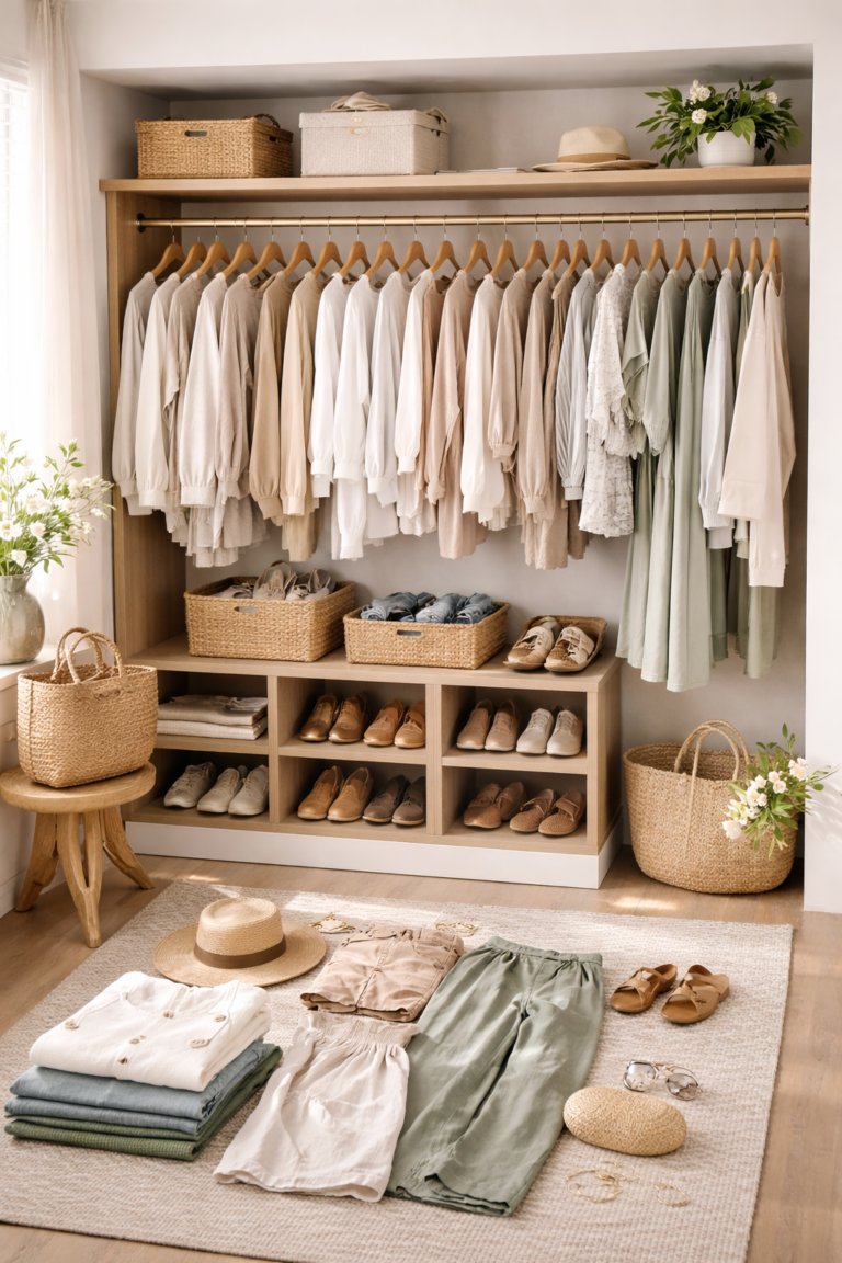 Organized capsule closet with neutral spring clothing, shoes arranged in cubbies, and coordinated outfits laid out on the floor.