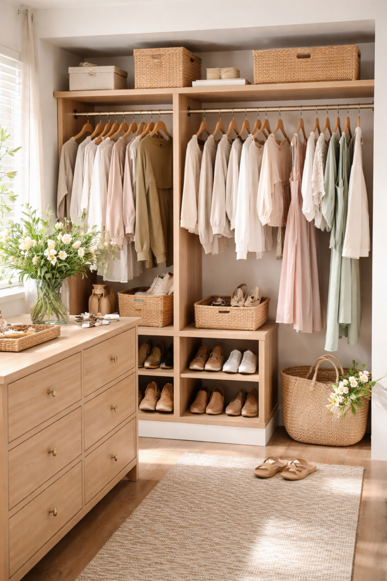 Neatly organized spring closet with neutral clothing, woven storage baskets, and shoes arranged in a bright, airy space.