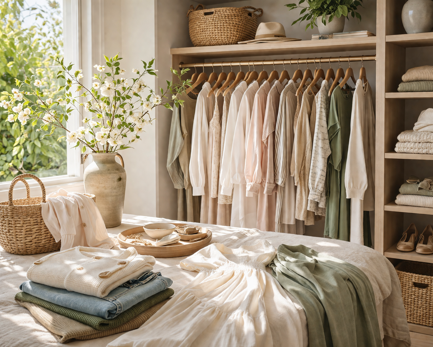 Minimal spring closet styling detail with elevated organization