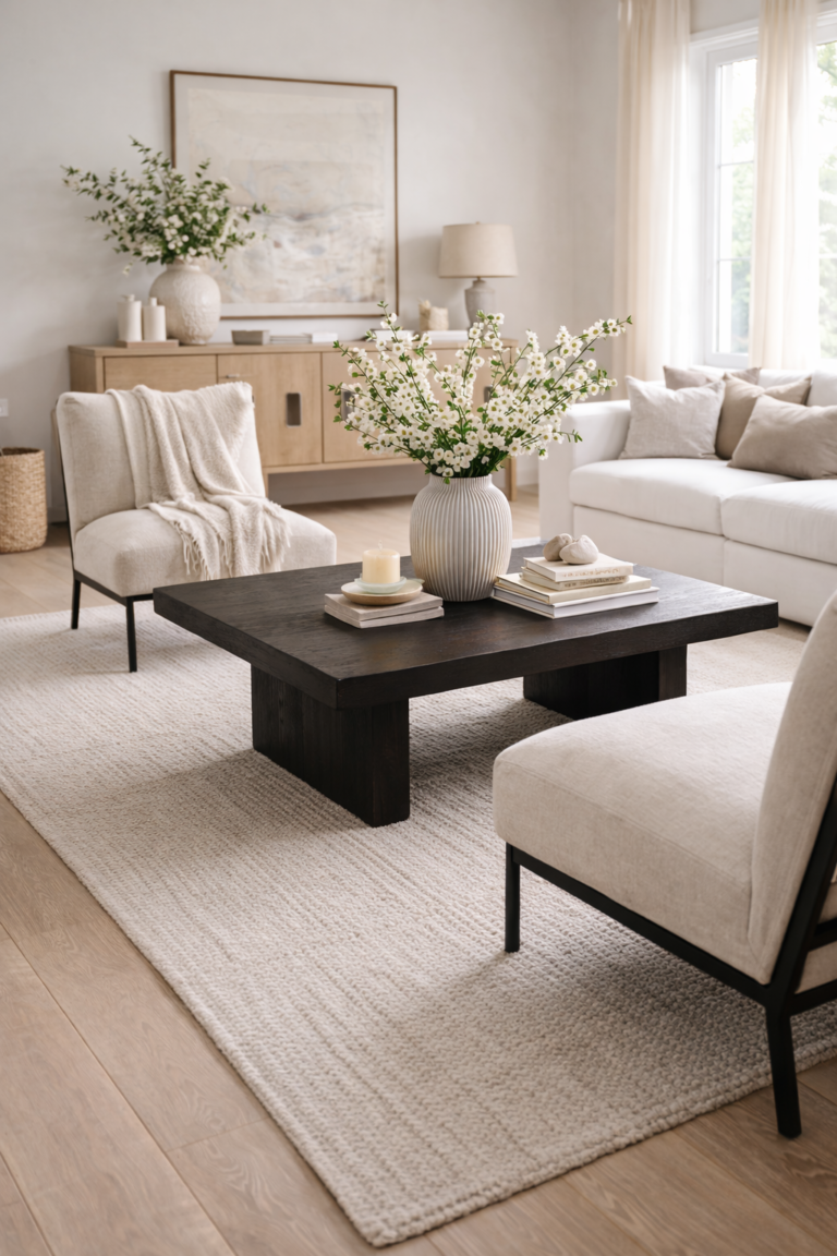 Modern organic living room with neutral tones, dark wood coffee table, light upholstered chairs, textured rug, and styled decor