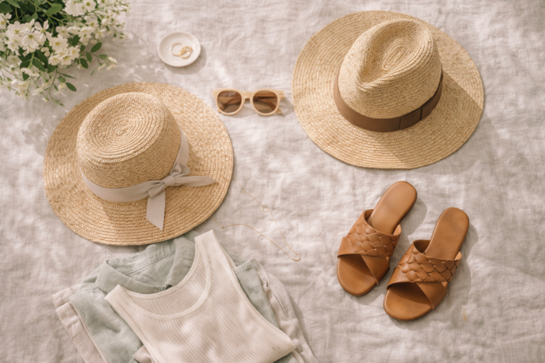 Flat lay of straw hats, sandals, and neutral spring clothing styled with simple accessories on a soft fabric background.
