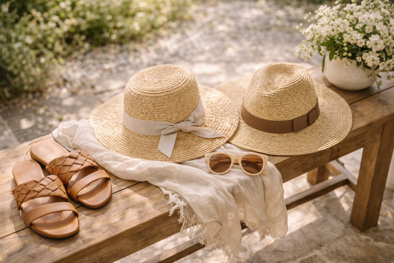 Chic spring hat styling with a soft neutral wardrobe
