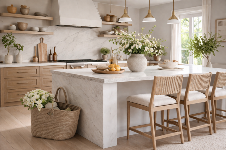 Organic modern kitchen with marble island, light wood cabinetry, brass pendant lights, woven bar stools, and fresh spring floral arrangement
