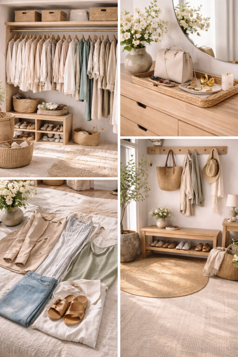 Collage of a minimalist spring wardrobe featuring an organized closet, styled outfits, a tidy entryway, and neutral-toned accessories.