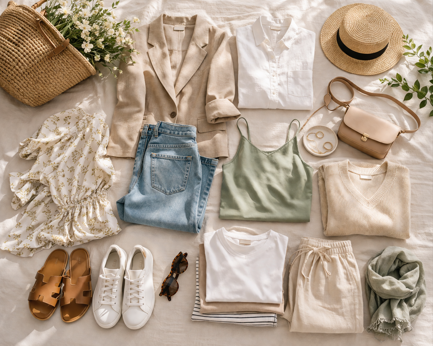 Refined spring outfit inspiration with feminine neutral styling