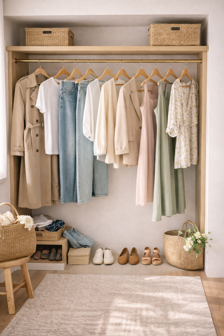Neatly organized wardrobe with neutral-toned spring clothing, including dresses, shirts, and jeans hanging on wooden hangers above a row of shoes and woven baskets.