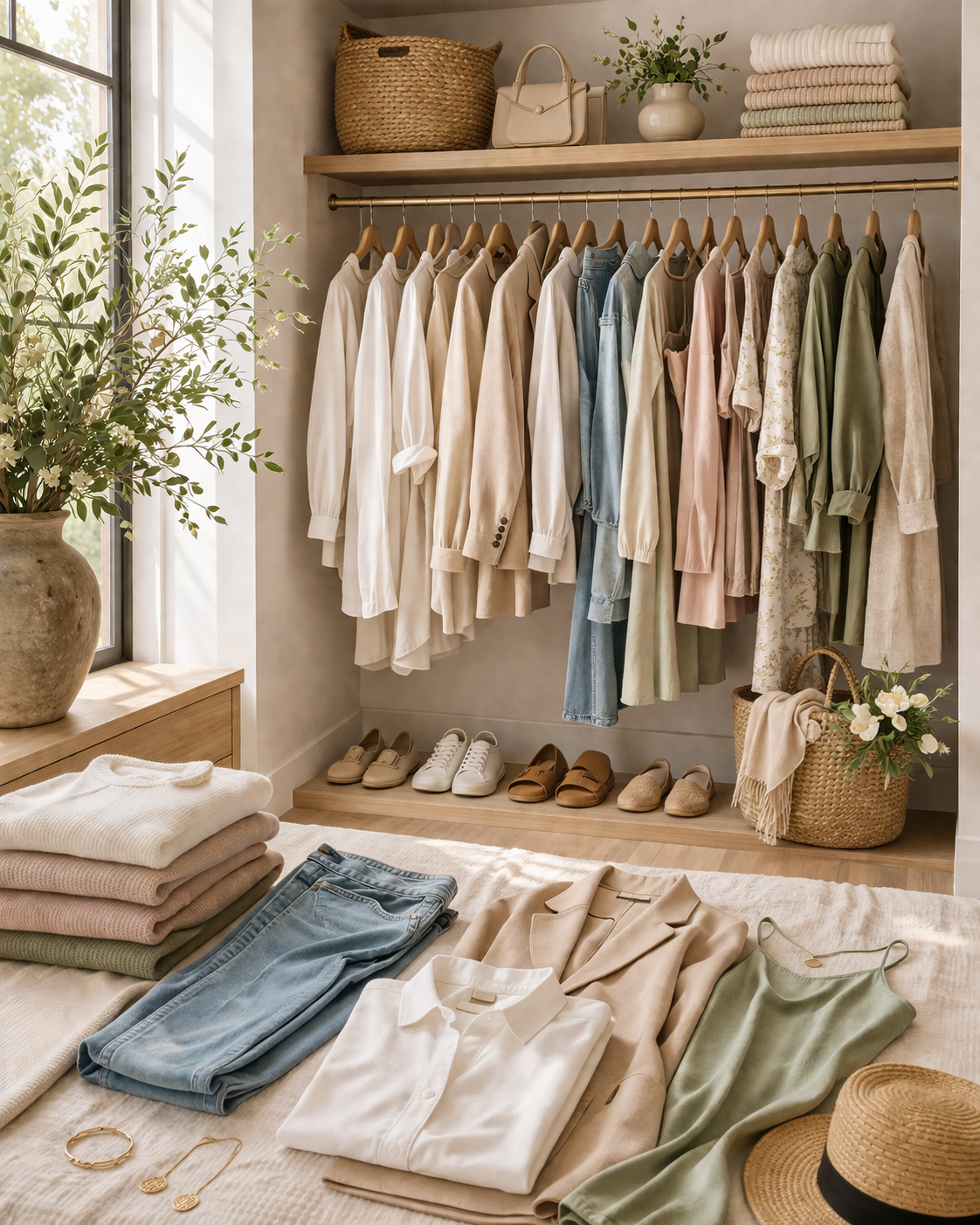 Spring wardrobe staples styled in a soft feminine closet setting
